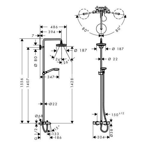27351400 Croma Select S 180 2jet Showerpipe для ванны, белый/хром