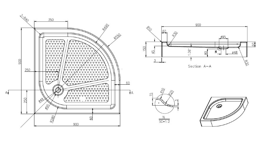 Душевой поддон Azario 900х900х150 R/L, для EDMONTON 2231 900/OTTAWA 2142 900/ONTARIO 2231 900
