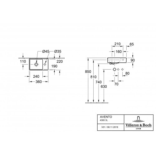 Раковина Villeroy&Boch Avento 36x22 см без перелива, белая (43003L01)