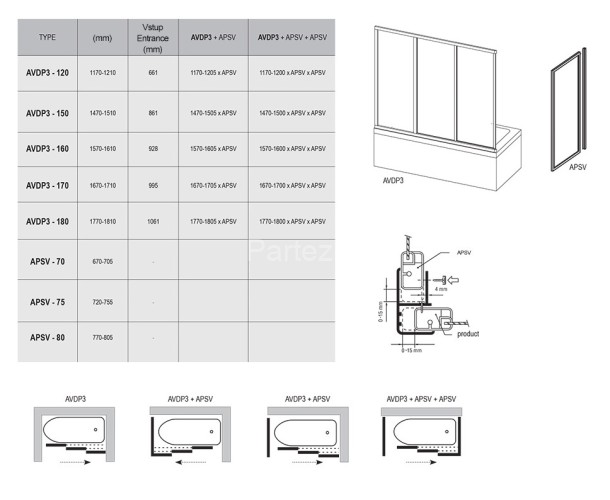 Шторка для ванны раздвижная Ravak AVDP3 150х138 цвет профиля белый (40VP0U02ZG)