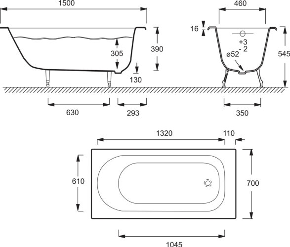Ванна чугунная Jacob Delafon SOISSONS 150x70 без антискользящего покрытия, без отверстий для ручек, 