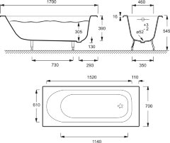 Ванна чугунная Jacob Delafon SOISSONS 170x70 без антискользящего покрытия, без отверстий для ручек, 