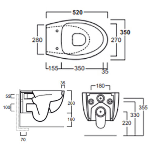 Унитаз подвесной Simas Bormio 350х520х260 безободковый, с креплением F85, цвет белый (BR18bi)