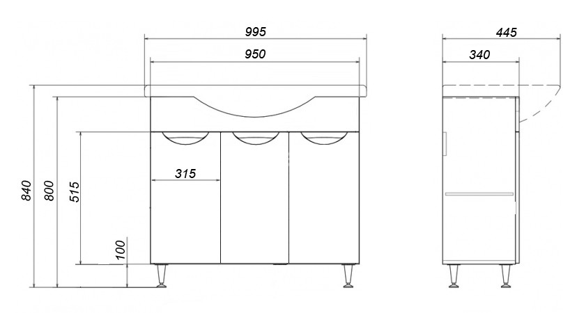 Комплект тумба Стиль- 100 1000х830х445 напольная, с раковиной Basic 100 (CS00079170)
